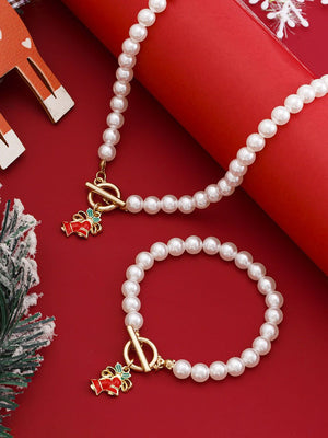Christmas Bell Pearl Holiday Gift Necklace Set