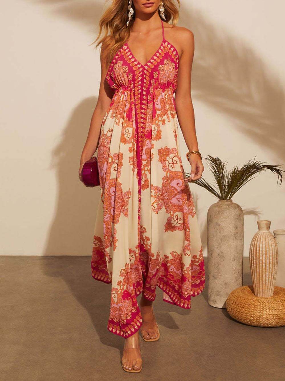 Elegantes schulterfreies Swingkleid mit V-Ausschnitt und Strapsdruck