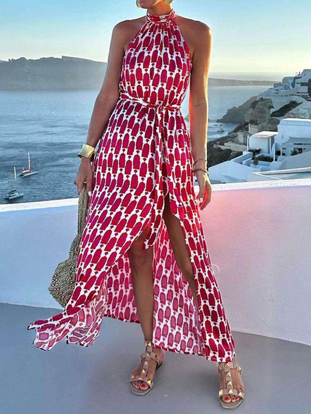 Robe mi-longue fendue à imprimé licou, sexy et tendance, idéale pour la plage