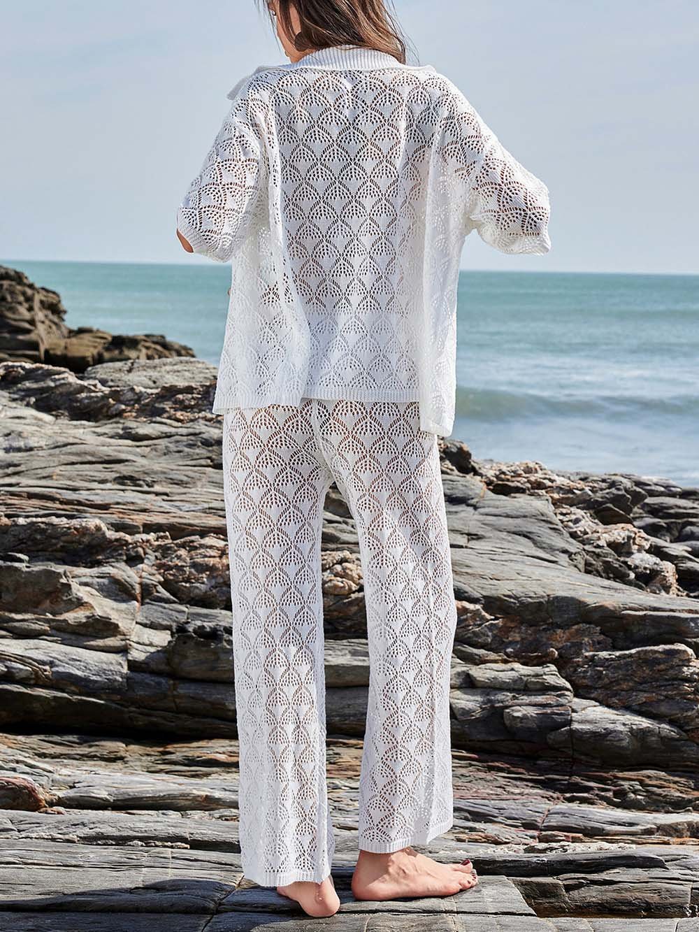 Pantalon large décontracté en tricot ajouré avec poches latérales