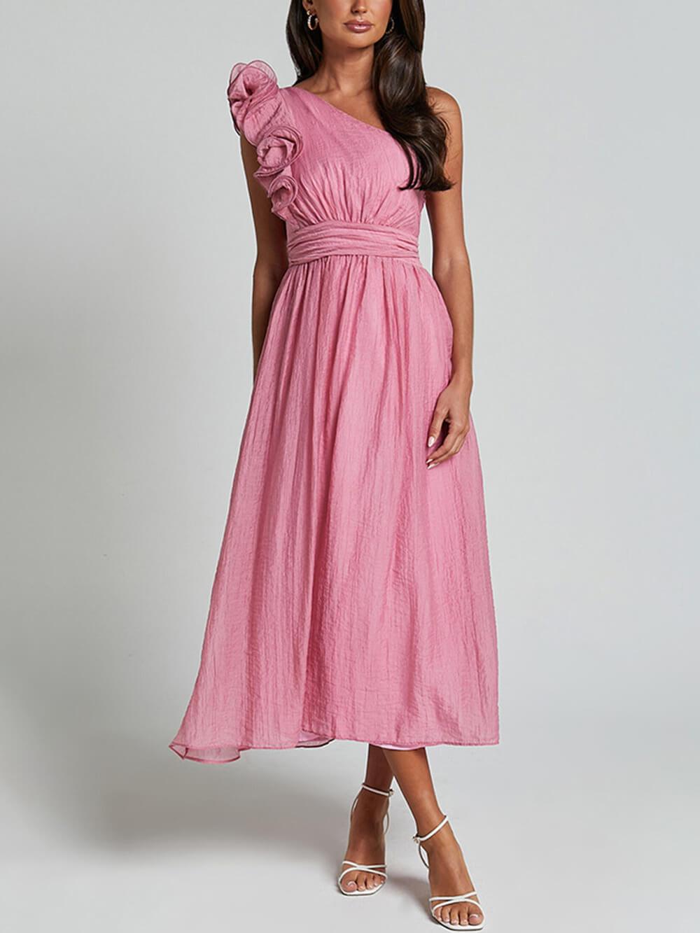 Unique Romantic Seaside – Einschultriges Midikleid mit Rüschendetail und Ärmeln