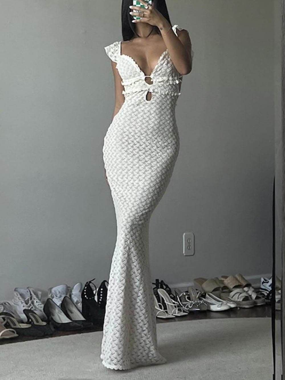 Elegantes, rückenfreies, ausgehöhltes Maxikleid mit V-Ausschnitt und Schnürung