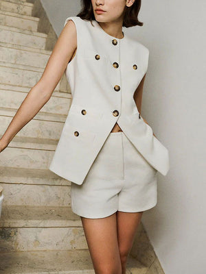 Veste décontractée sans manches à plusieurs boutons de couleur unie