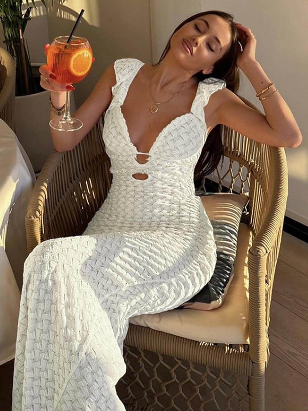 Elegantes, rückenfreies, ausgehöhltes Maxikleid mit V-Ausschnitt und Schnürung