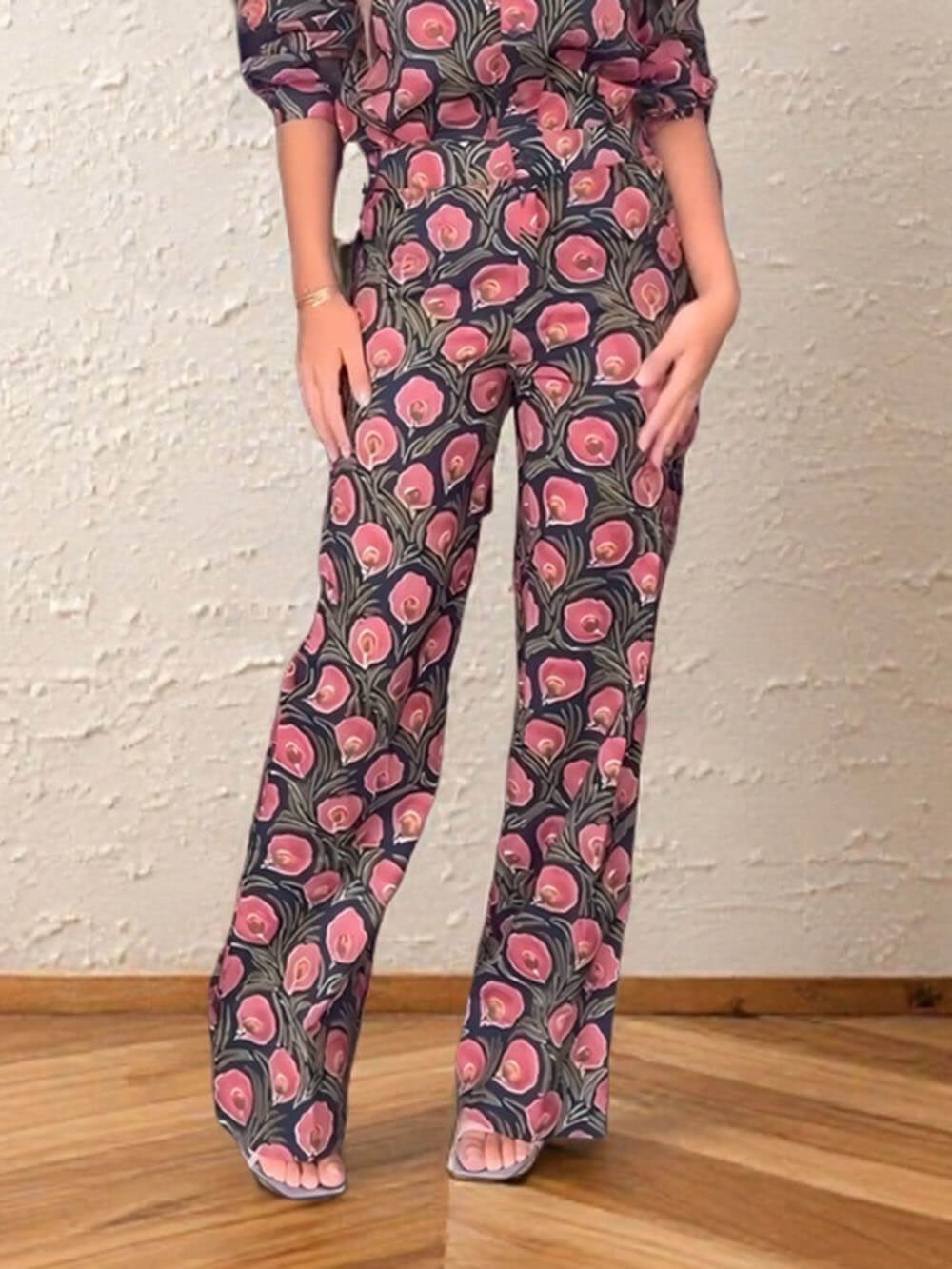 Bohemian Floral Print High-Waist Pocket Straight-Leg Pants