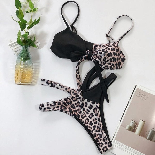 Mid Waist Bikini Set Black Leopard