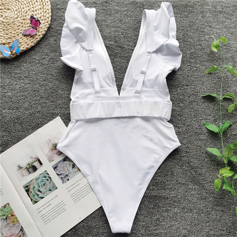 White Deep V Neck One piece Swimsuit