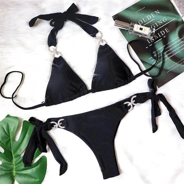 Halter Diamond Ring Bikini Black