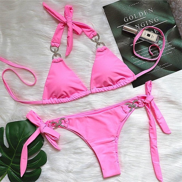 Halter Diamond Ring Bikini Pink