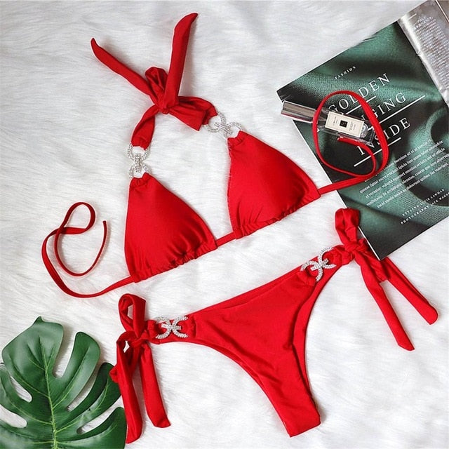 Halter Diamond Ring Bikini Red