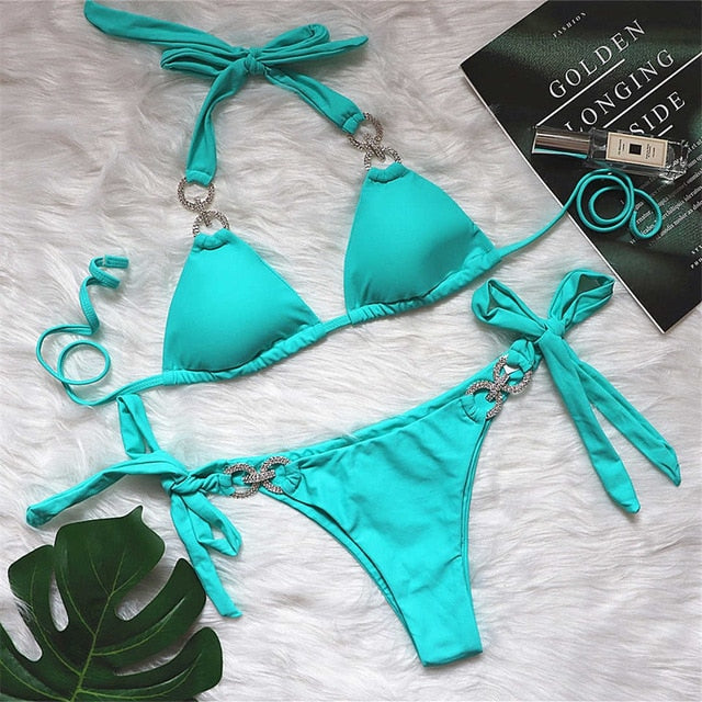 Halter Diamond Ring Bikini Green