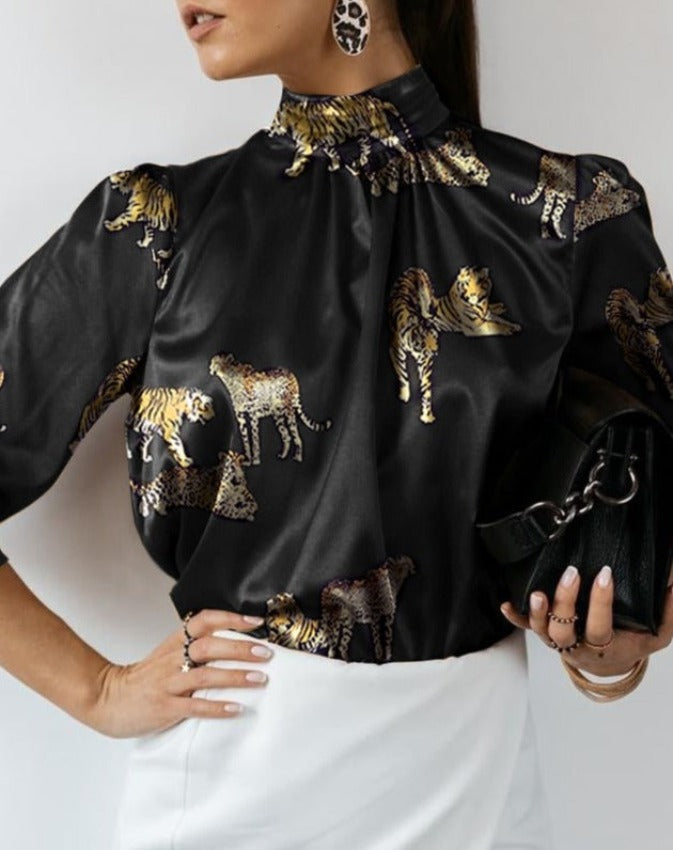 WEINA SATIN TOP Black Leopard