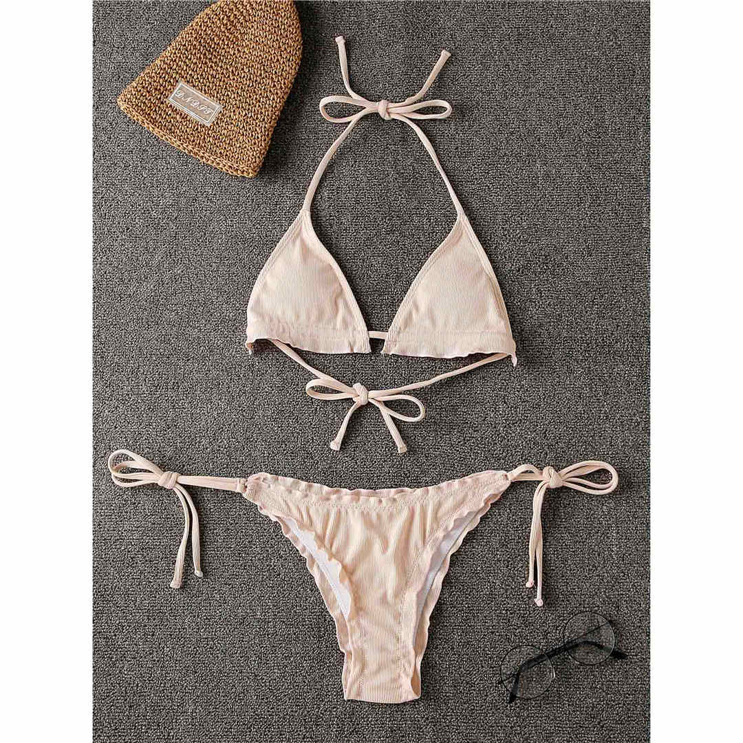 Frilled Brazilian String Bikini Beige Skin Color
