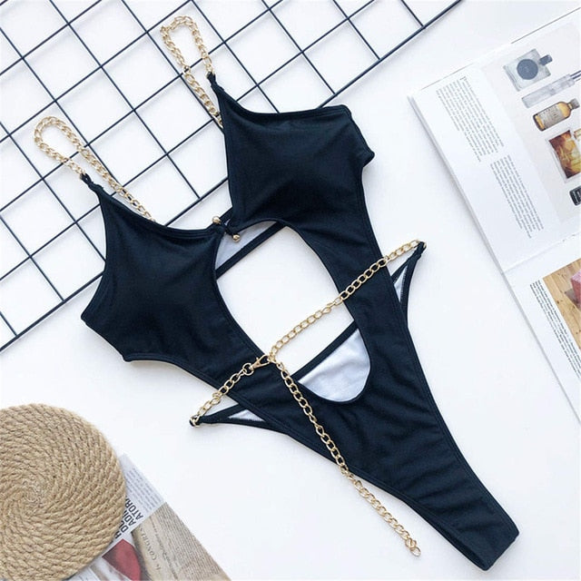 Chain Strap One Piece Swimsuit Black