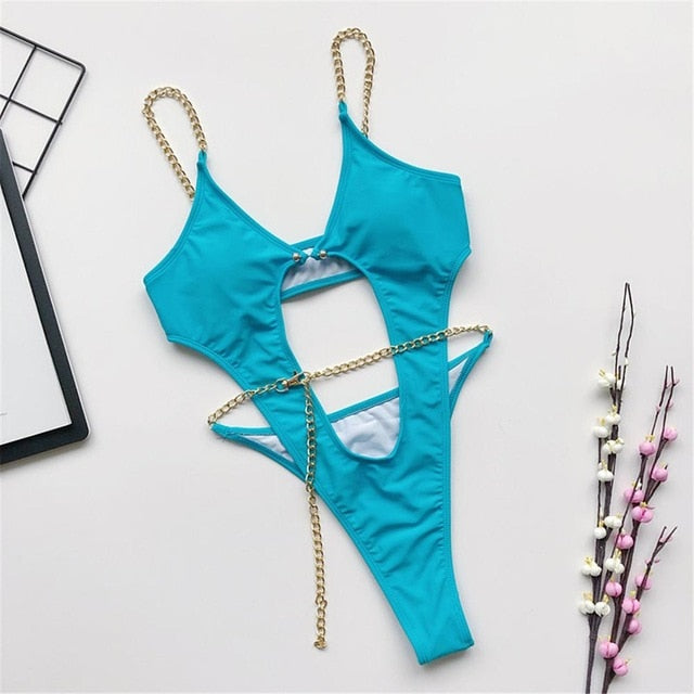 Chain Strap One Piece Swimsuit Sky Blue