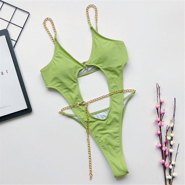 Chain Strap One Piece Swimsuit green