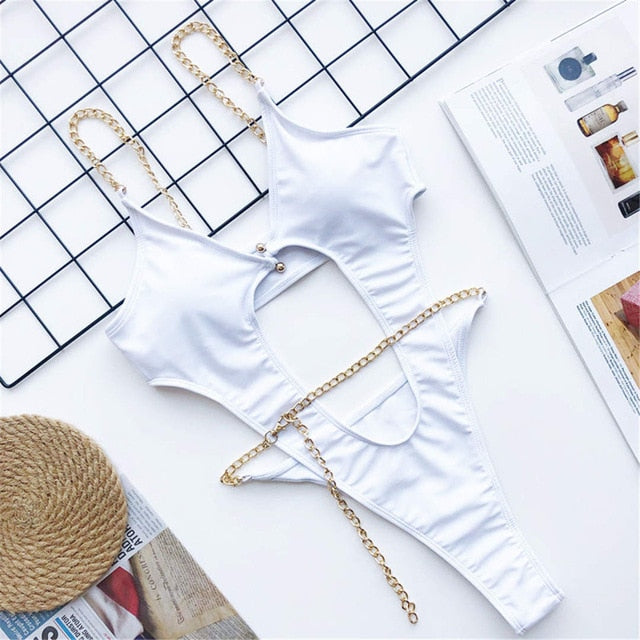Chain Strap One Piece Swimsuit White