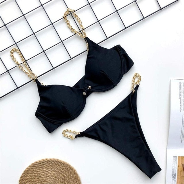 Chain Strap One Piece Swimsuit V1646 Black