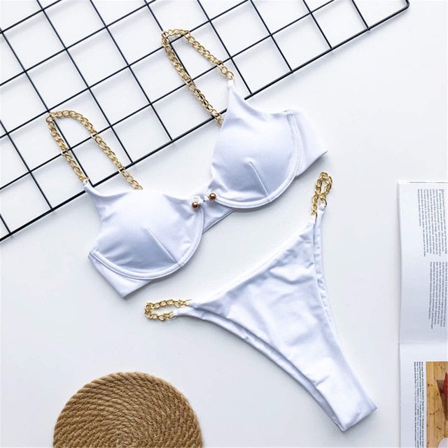 Chain Strap One Piece Swimsuit V1646 White