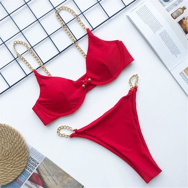 Chain Strap One Piece Swimsuit V1646 Red