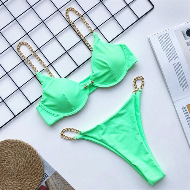 Chain Strap One Piece Swimsuit V1646 Green