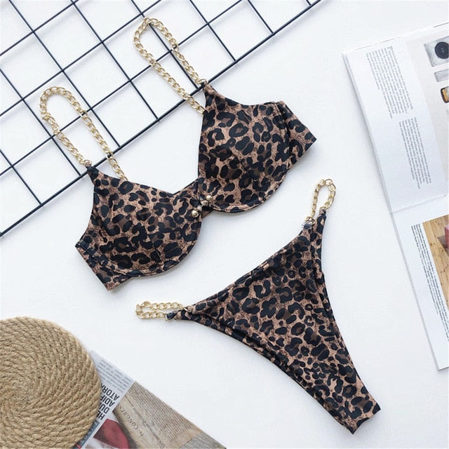 Chain Strap One Piece Swimsuit V1646 Leopard