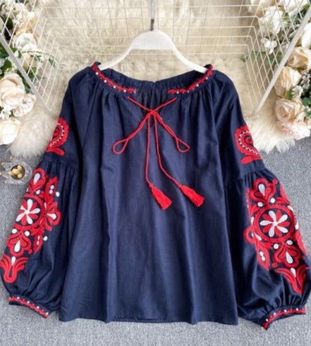 MARIA EMBROIDERED SHIRT Navy One Size