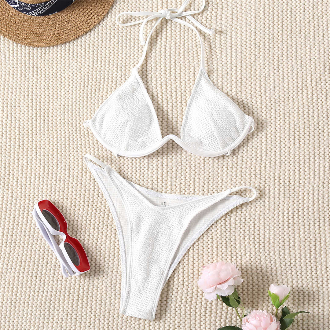 Halter V-Bar Underwired Bikini White
