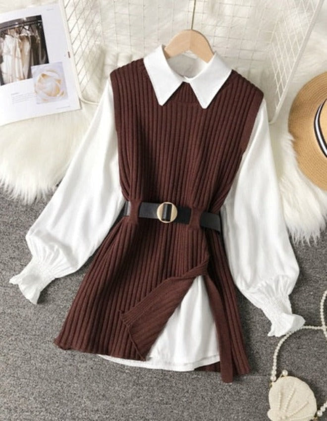 VERONICA SHIRT & VEST SET Brown Set