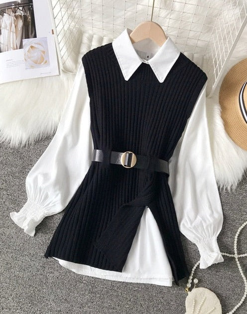 VERONICA SHIRT & VEST SET Black Set