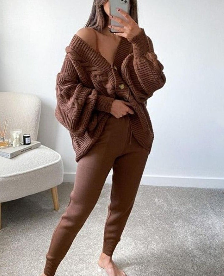 VARVARA CARDIGAN & PANTS SET coffee One Size