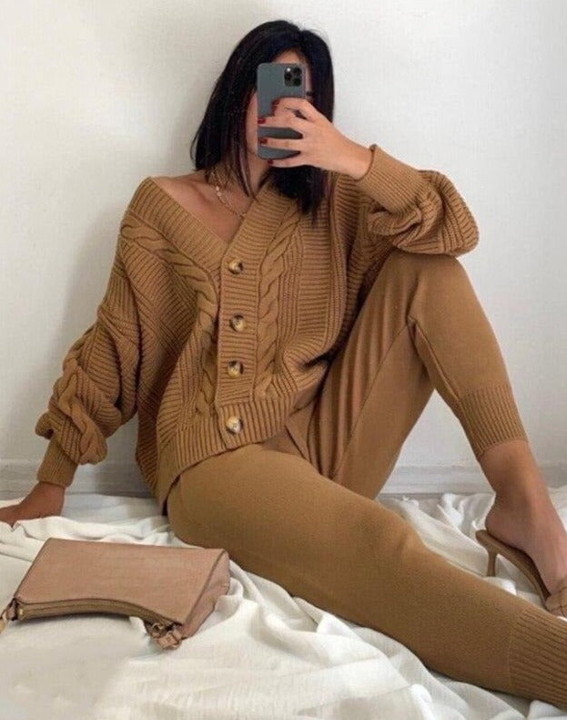 VARVARA CARDIGAN & PANTS SET Brown One Size