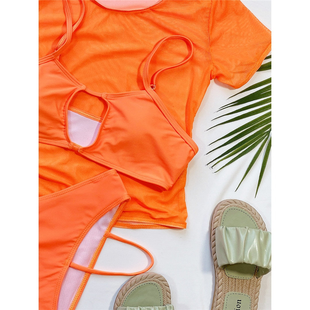Orange Bikini with Short Sleeve Cover Up