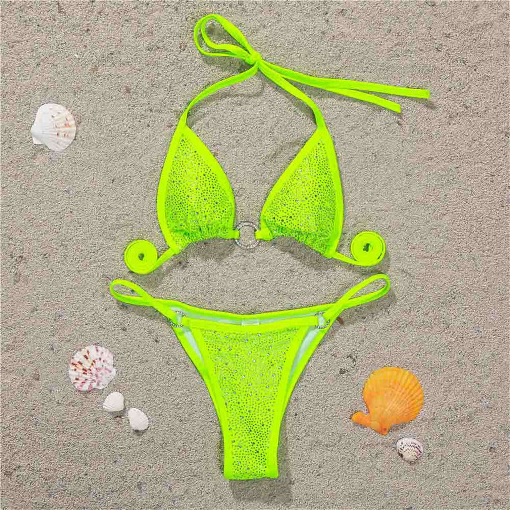 Rhinestone Mini Thong Bikini Neon Green