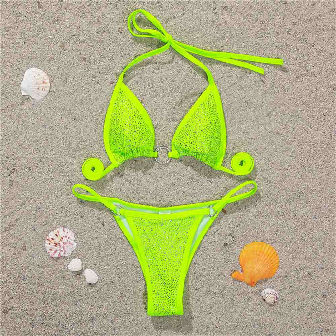 Rhinestone Mini Thong Bikini Neon Green
