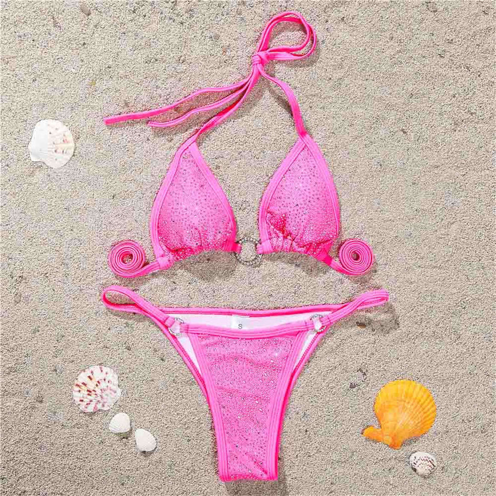 Rhinestone Mini Thong Bikini Pink