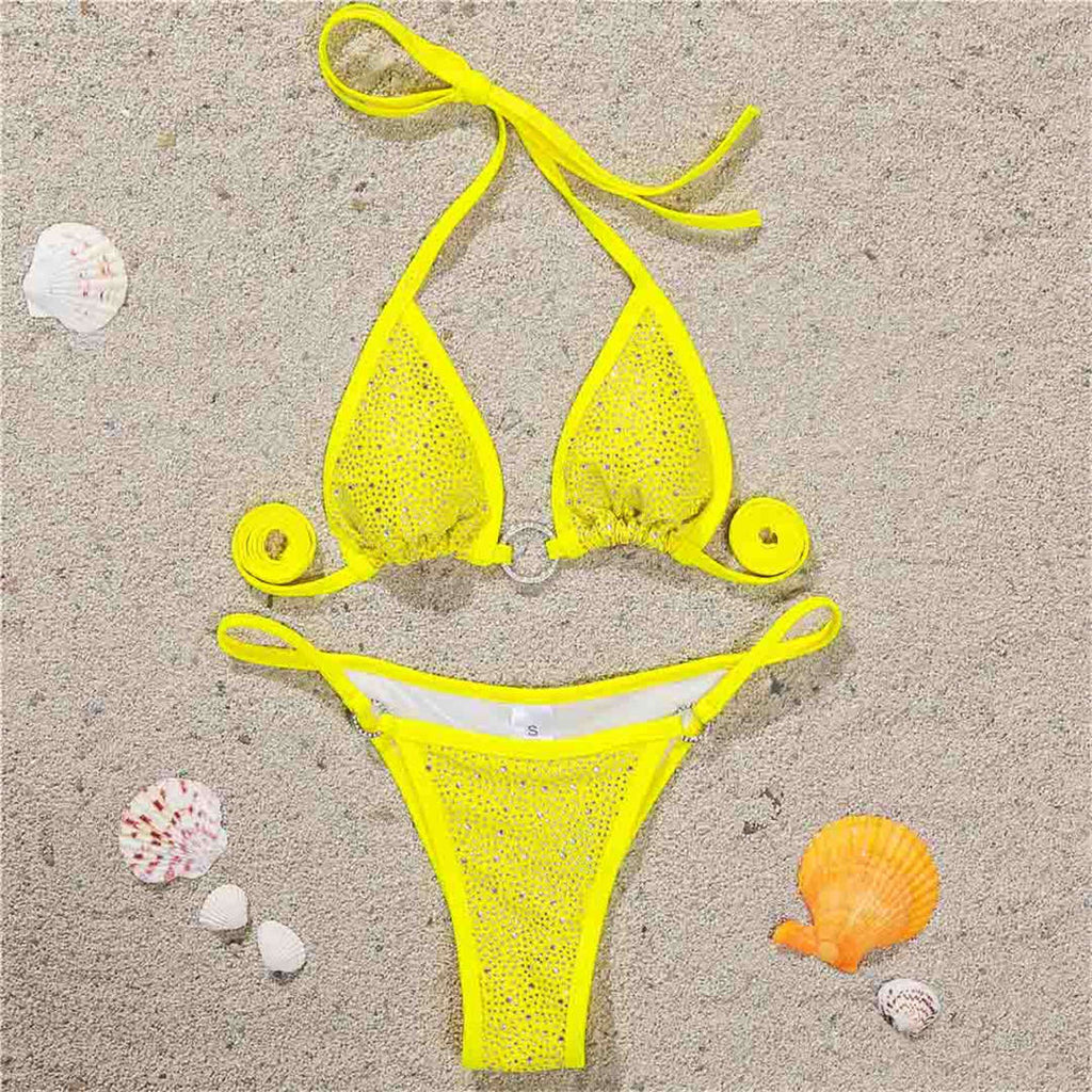 Rhinestone Mini Thong Bikini Yellow