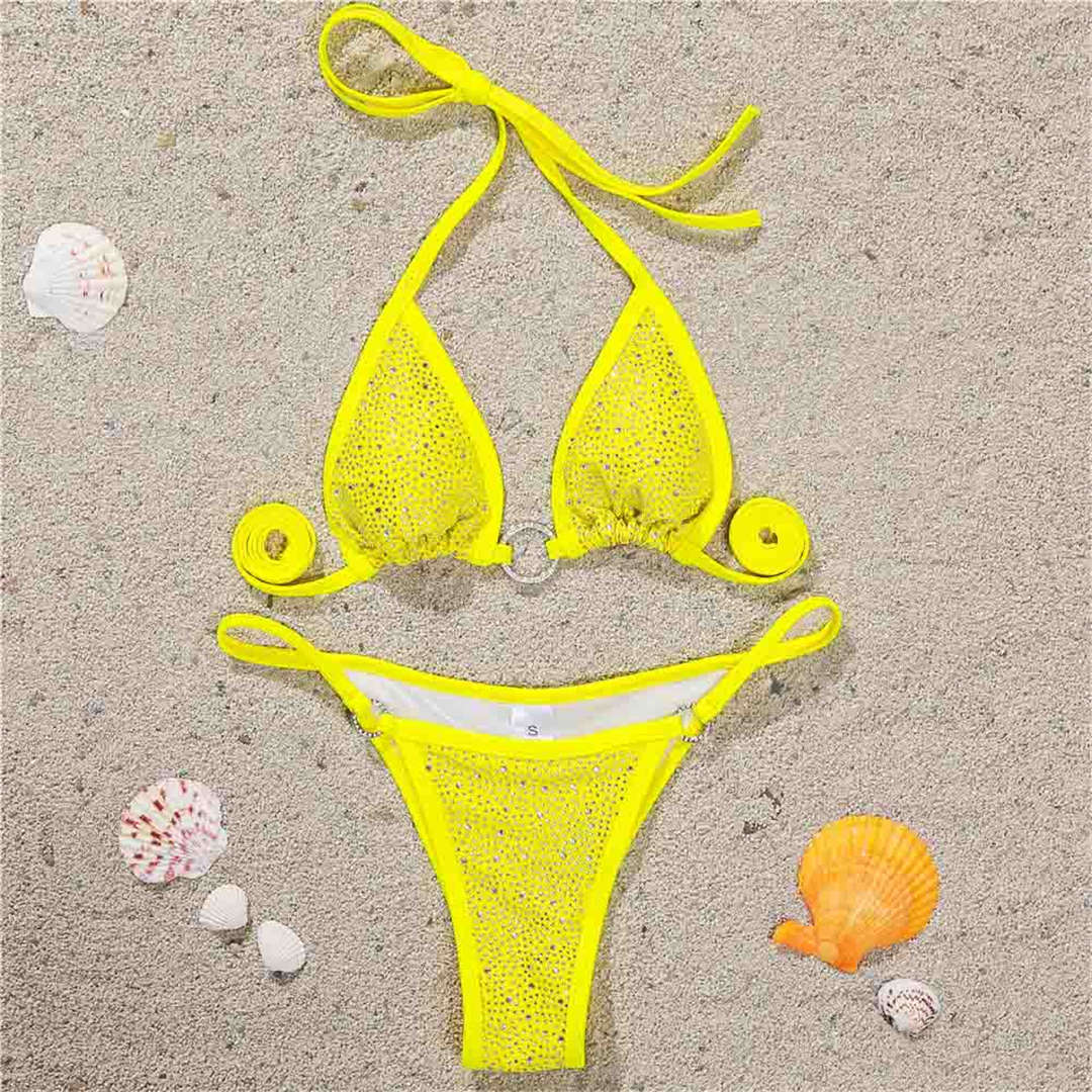 Rhinestone Mini Thong Bikini Yellow