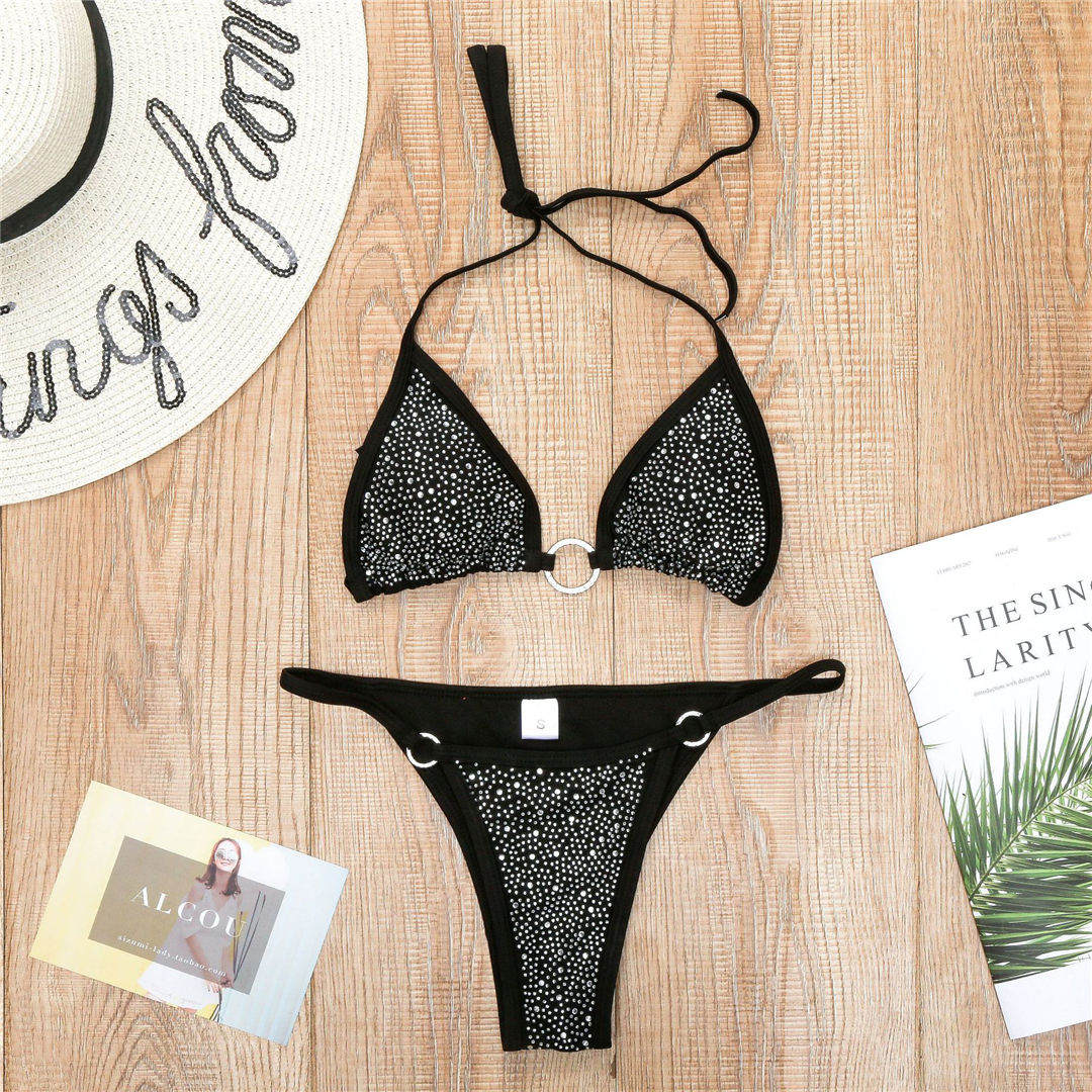 Rhinestone Mini Thong Bikini Black