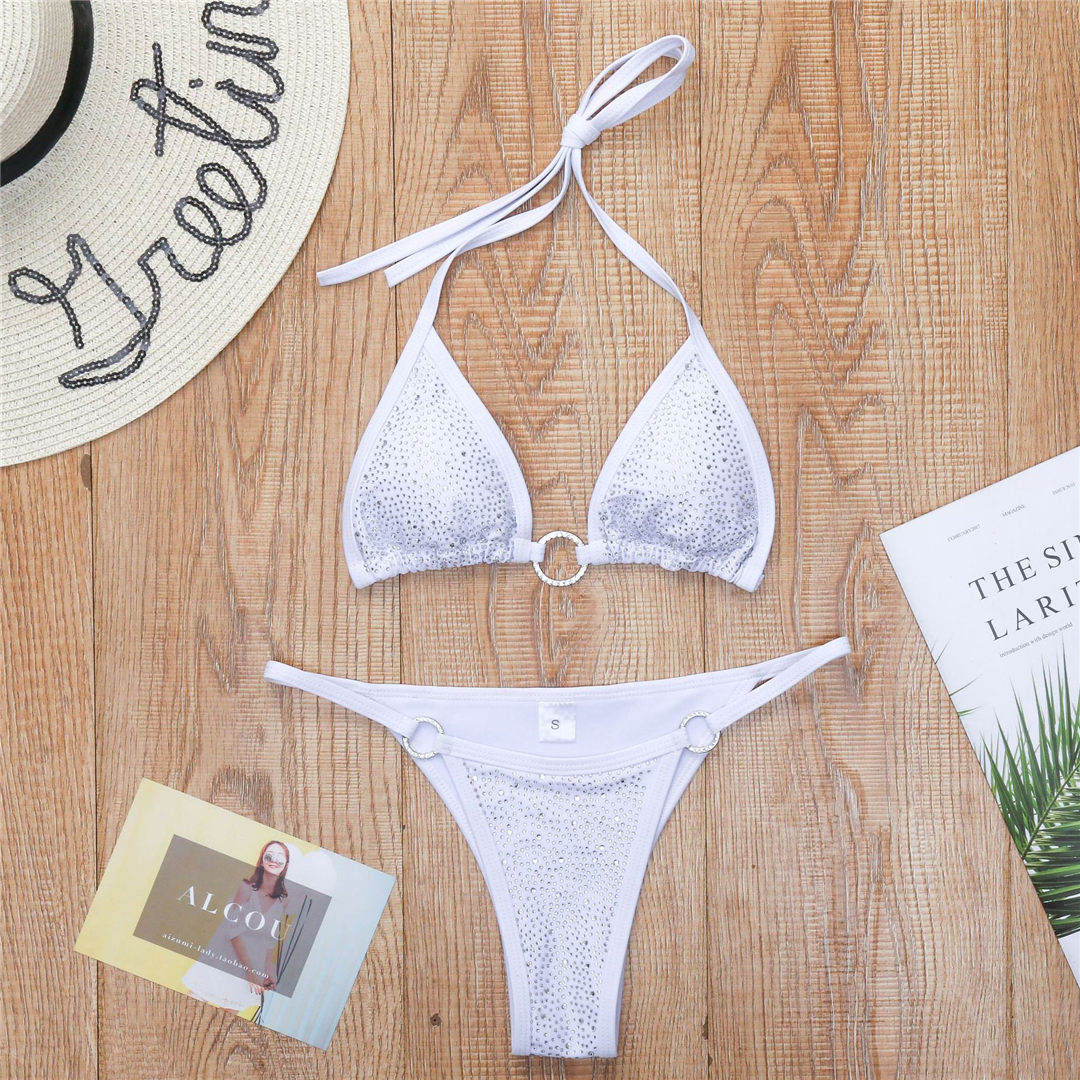 Rhinestone Mini Thong Bikini White