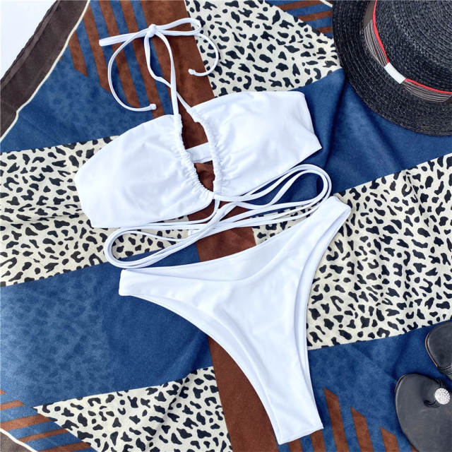Halter Lace Up Wrap Around Bikini White
