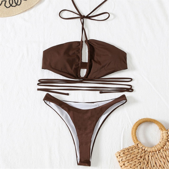 Halter Lace Up Wrap Around Bikini Coffee