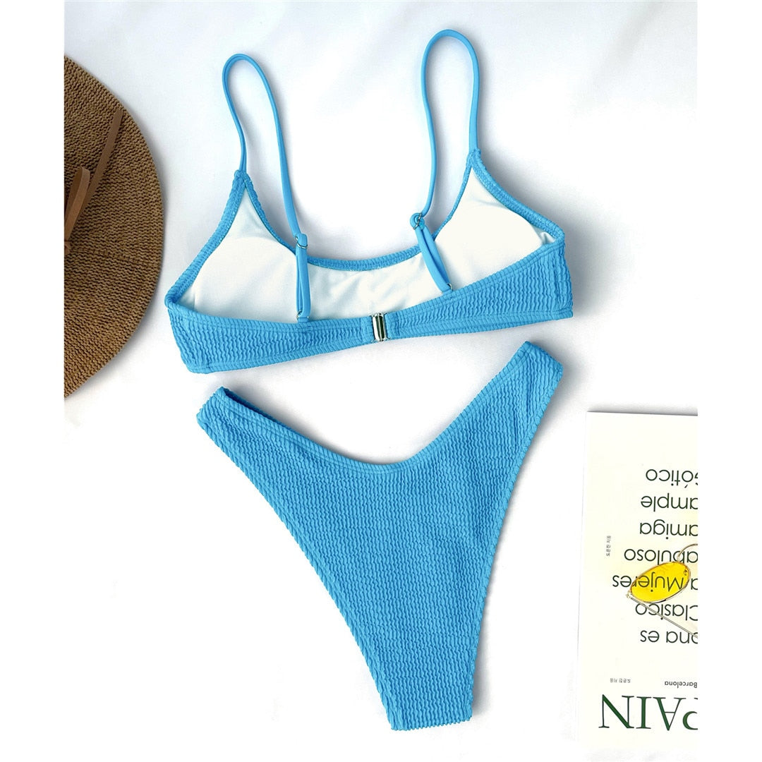 Blue Ribbed Mid Waist Bikini