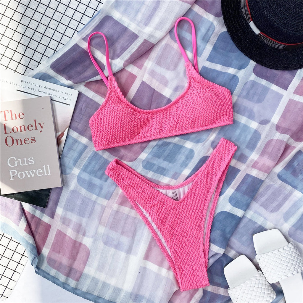 Ribbed Padded Bikini Hot Pink