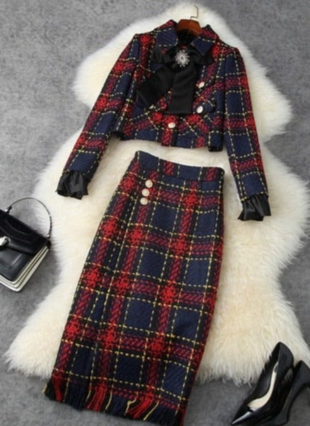 GABRIELLA TWEED JACKET & SKIRT SET Red Navy Check