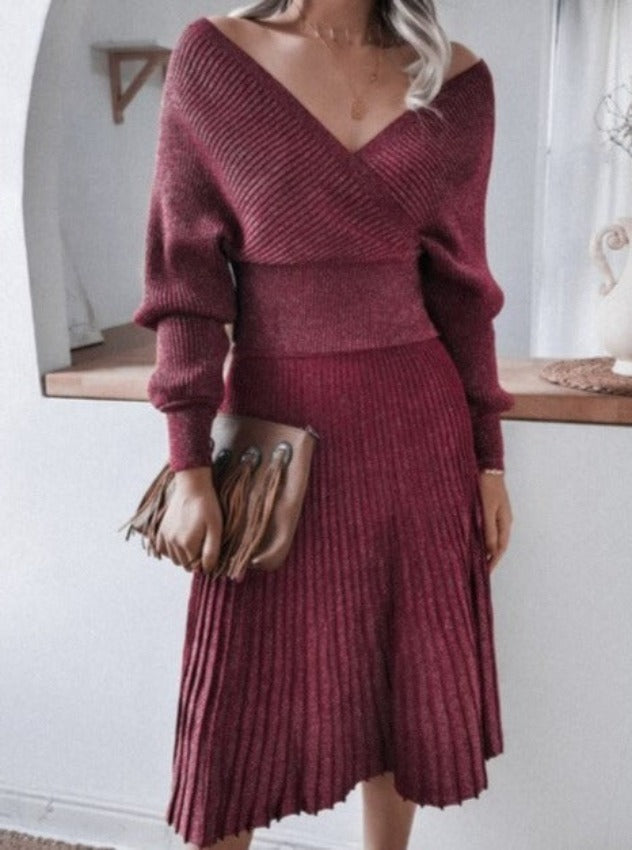 VIOLETTA KNIT OFF-SHOULDERS SET Burgundy one size