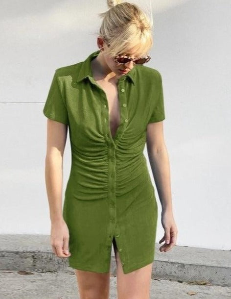 INNA RUCHED DRESS Green short sleeve