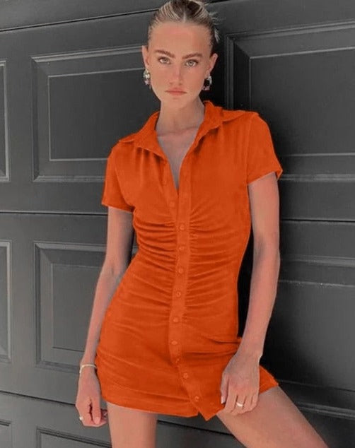 INNA RUCHED DRESS Orange short sleeve