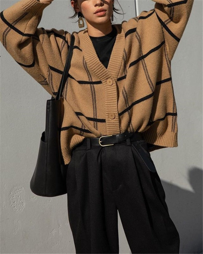 LORRA PLAID CARDIGAN Teddy Brown