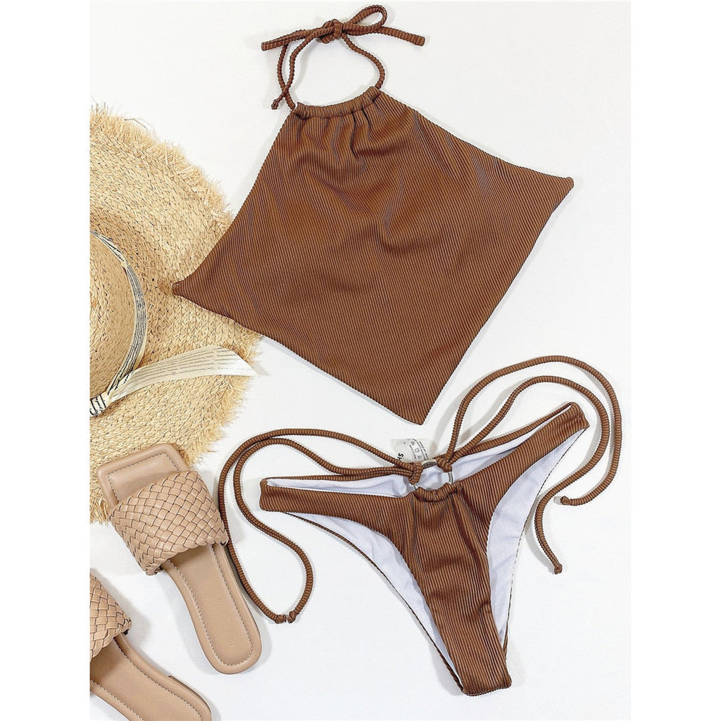 Brown High Neck Halter Ribbed Bikini